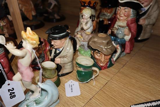 Two Royal Worcester Month of the Year figures (June and July), two Royal Doulton Winston Churchill Toby Jugs and other items,